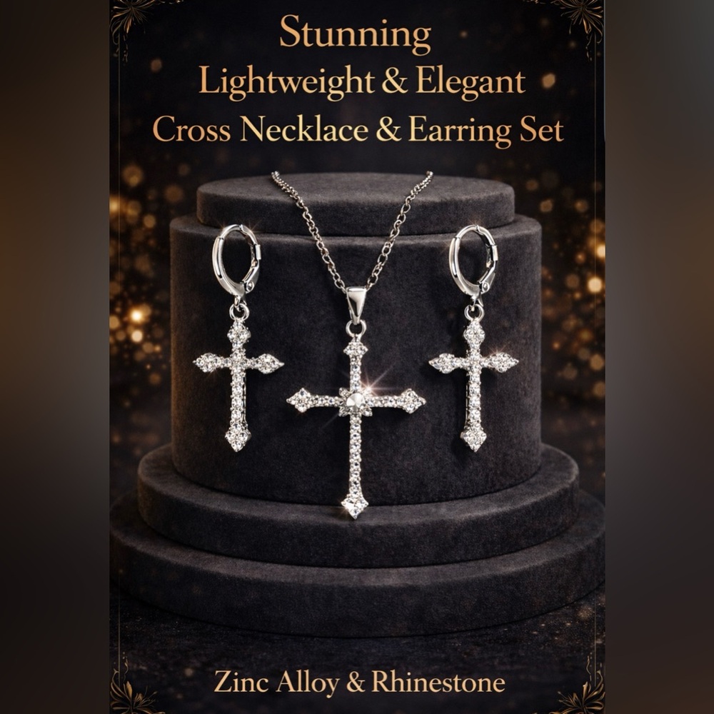 Elegant Silver Cross Necklace & Earring Set